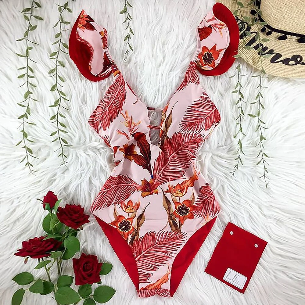 2022 New Sexy Ruffle Print Floral One Piece Strappy Slimming Swimwear Women Swimsuit Deep-V Bathing Suit Beach Wear Monkini