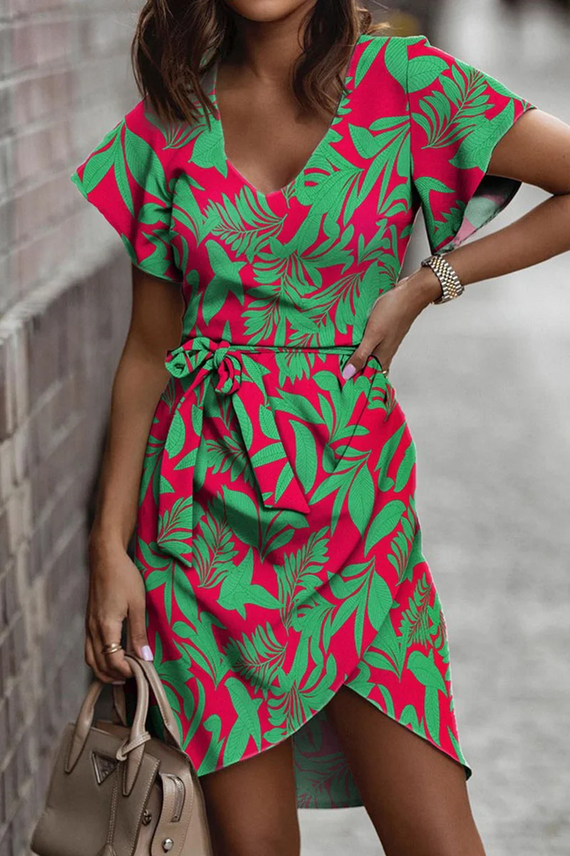 Green Casual Print Bandage Patchwork V Neck Irregular Dress Dresses