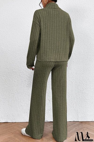MidiSono - Ribbed Mock Neck Top and Pants Set