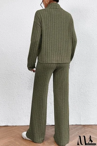 MidiSono - Ribbed Mock Neck Top and Pants Set