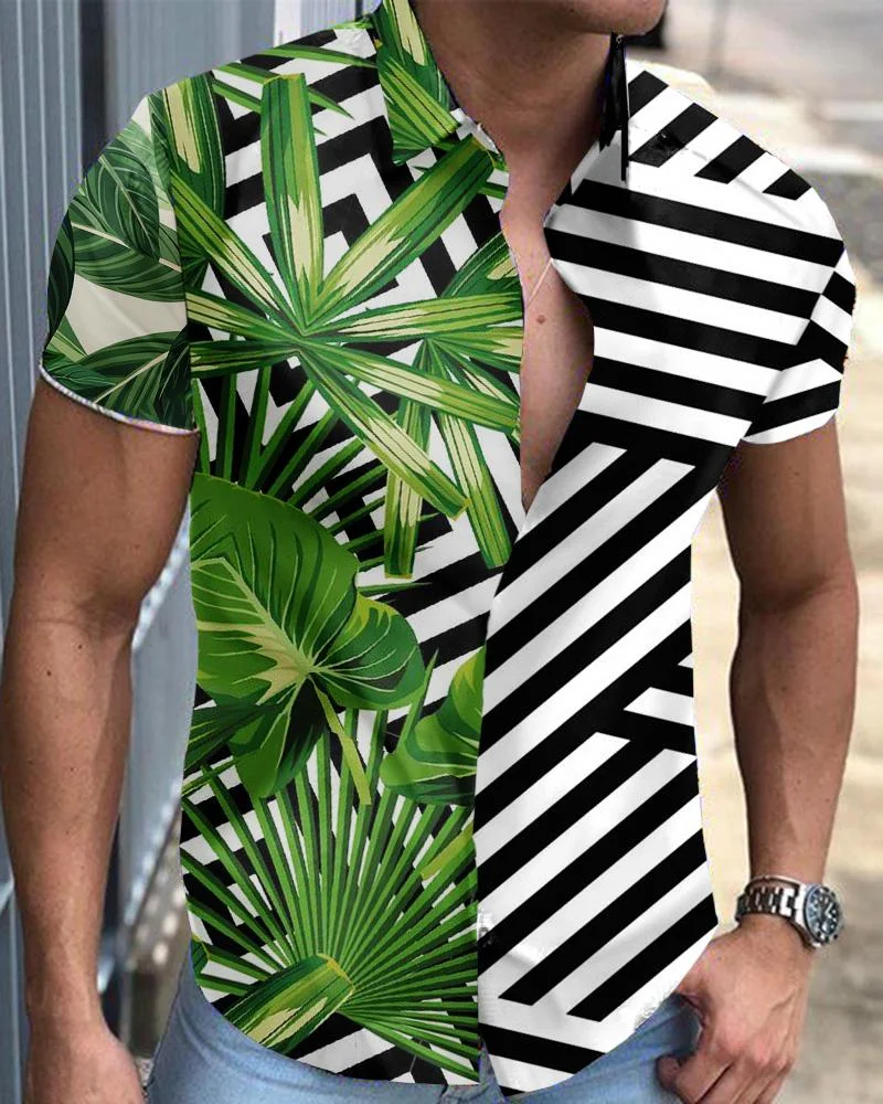 Men's splicing plant striped flower shirt casual short sleeve -04