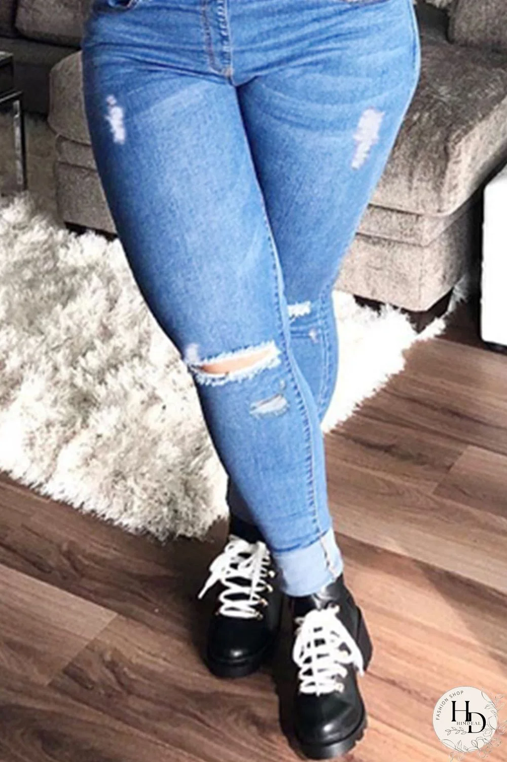 Baby Blue Celebrities Solid Ripped Make Old Buttons High Waist Regular Denim