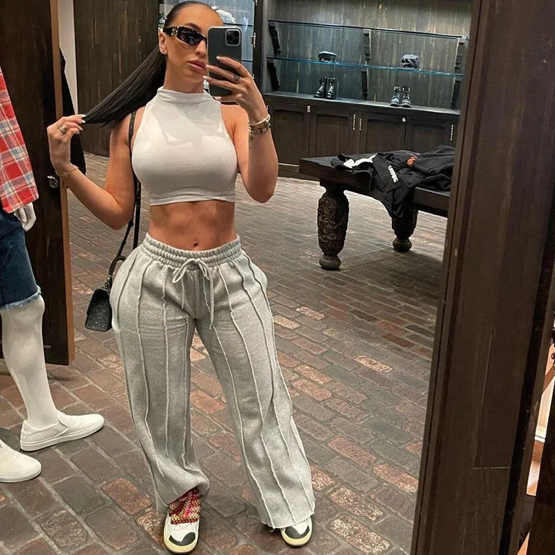 Collectvip New Fashion Solid Color Casual Sweatpants Women 2025 Summer Joggers Women High Waist Drawstring Loose Straight Pants