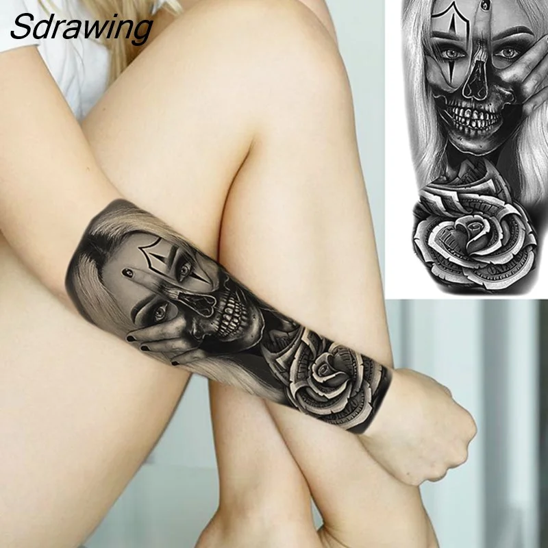 Sdrawing Realistic Black Devil Temporary Tattoos For Men Adult Tiger Pirate Skeleton Vampire Fake Tattoo Forearm Scary Tatoo Joker