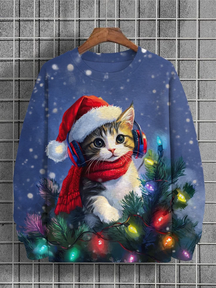 Men's Christmas Cat With Headphones Print Casual Sweatshirt