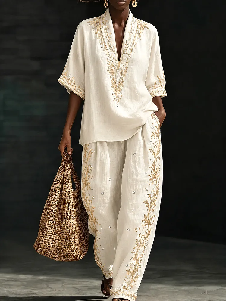 Women's Ivory Gold Detail Tunic & Pants Set