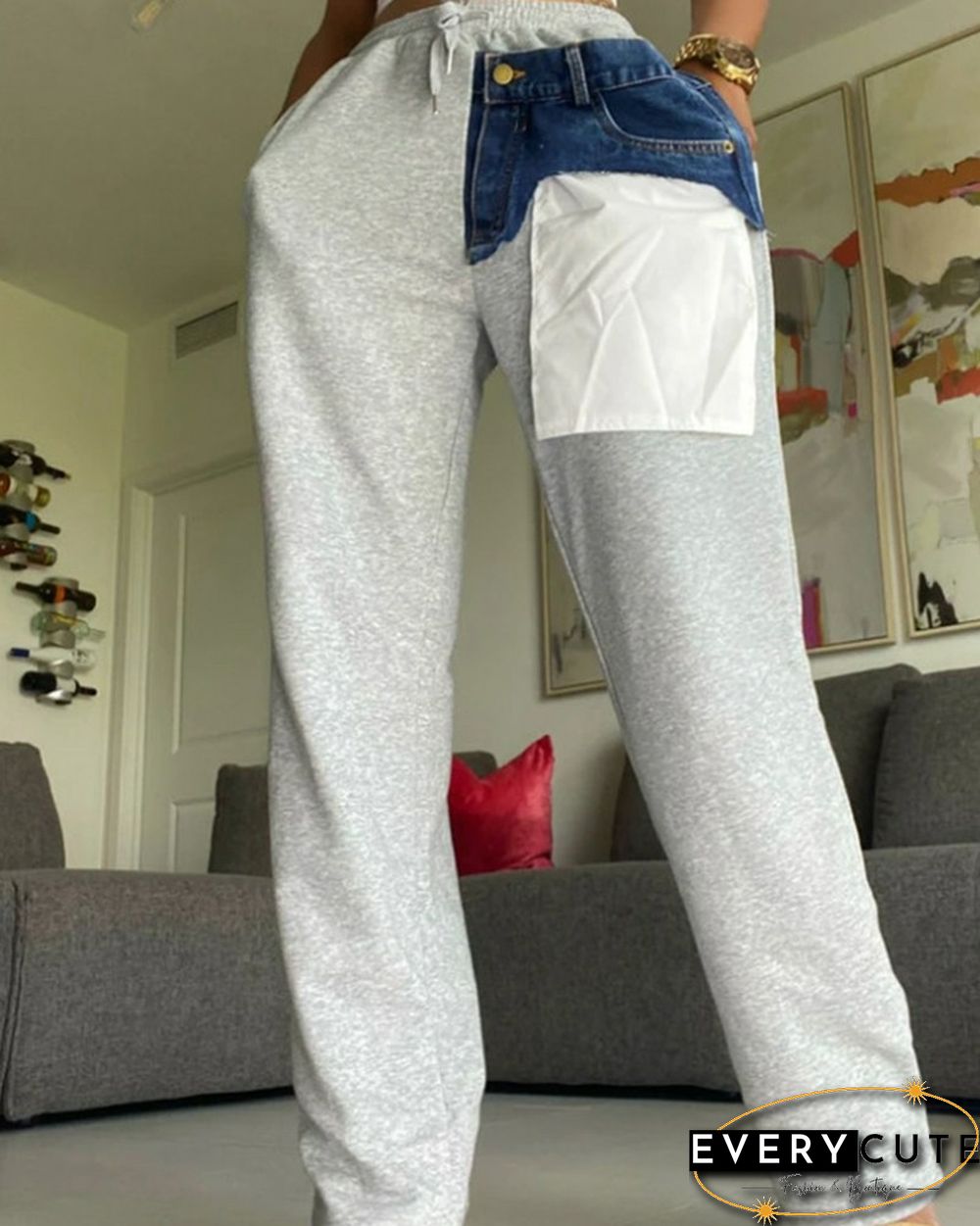 Colorblock Patched Pocket Drawstring Waist Straight Leg Pants