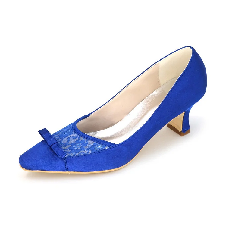 Royal Blue Bow Heels Satin Square Toe Spool Heels Pumps |FSJ Shoes