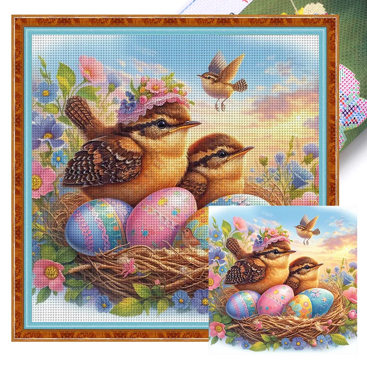 Birds And Easter Eggs - Printed Cross Stitch 18CT 40*40CM