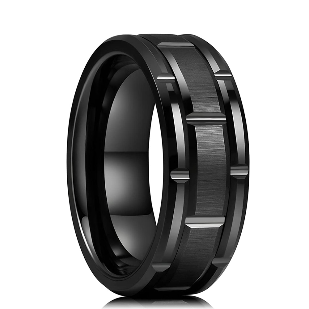 Classic Men's 8mm Black Tungsten Wedding Rings Double Groove Beveled Edge Brick Pattern Brushed Stainless Steel Rings For Men