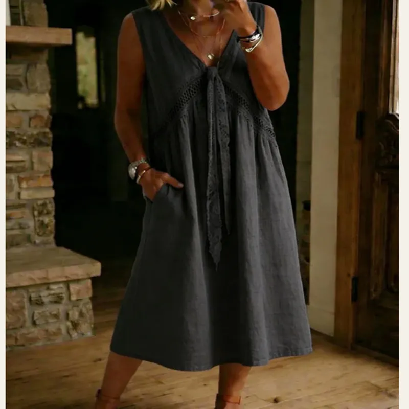 V-Neck Lace Splicing Sleeveless Loose A-Line Cotton Linen Midi Dress