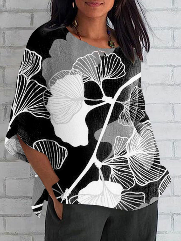 Comstylish Elegant Japanese Art Ginkgo Print Crew Neck Casual T-Shirt