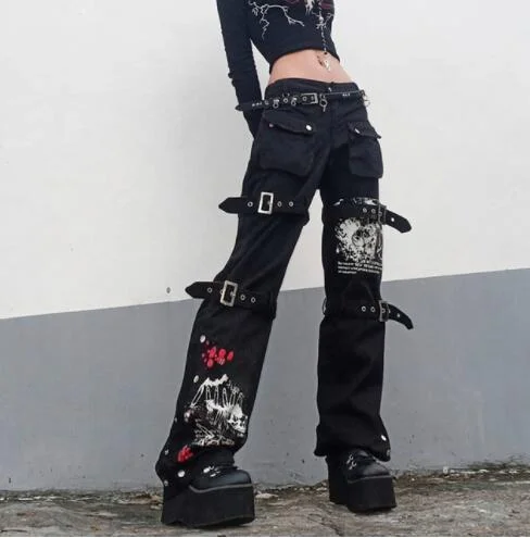 Jangj Cyber Y2k Jeans Pockets Women 2000s Grunge Pants Vintage Streetwear Denim Trousers Wash Hippie Pants Retro Jogger Alt Techwear