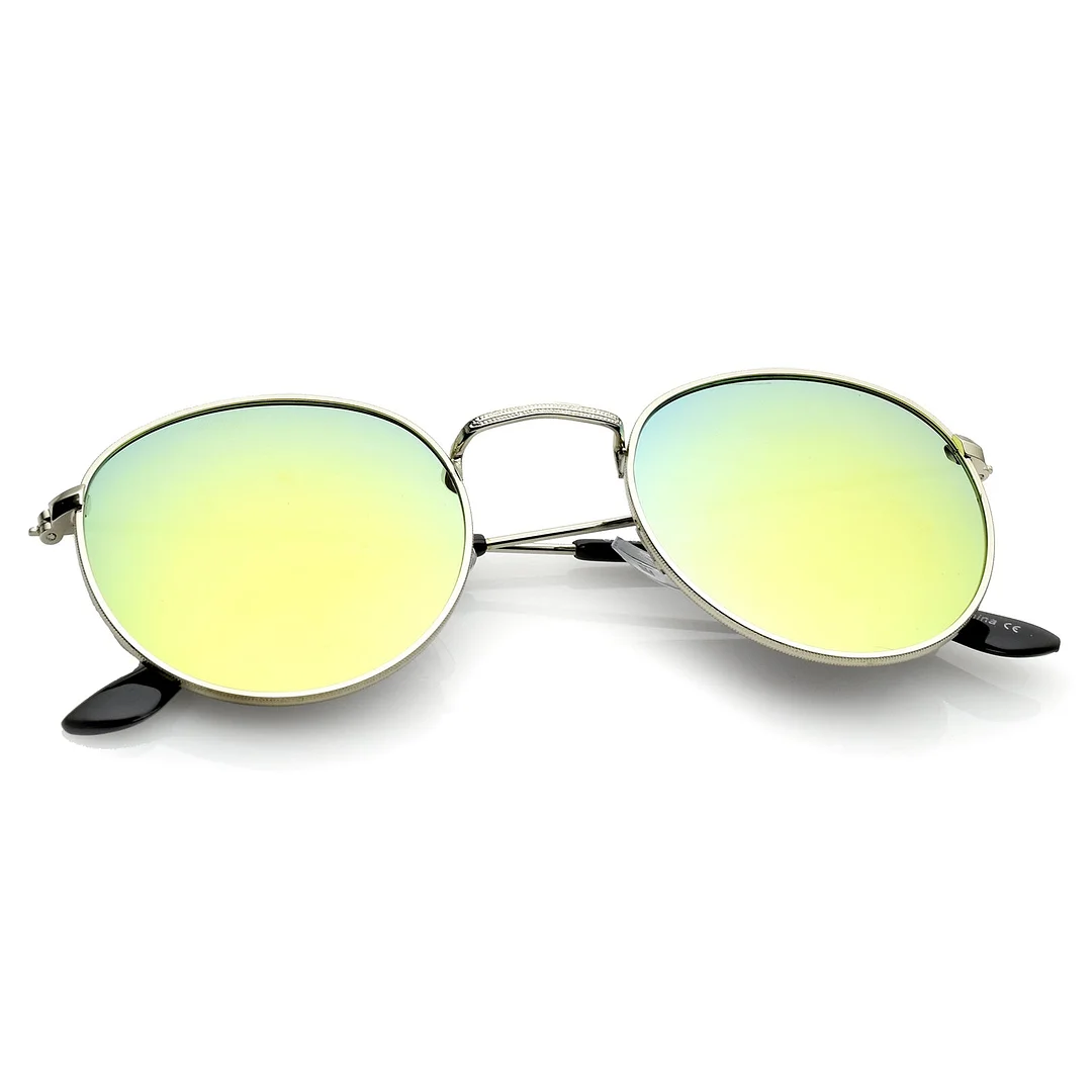 Classic Metal Slim Temple Textured Nose Bridge Mirrored Lens Round glasses 49mm