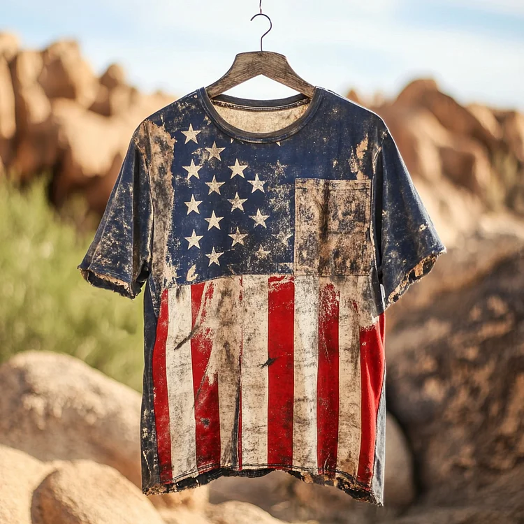 Men's Vintage Independence Day Flag Art Linen T-shirt