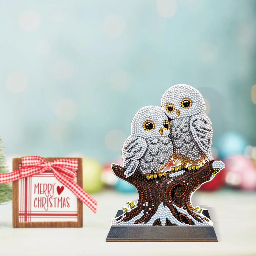 DIY Winter Owl Wooden Single Side Crystal Painting Desktop Kit Diamond Painting Desktop Decor