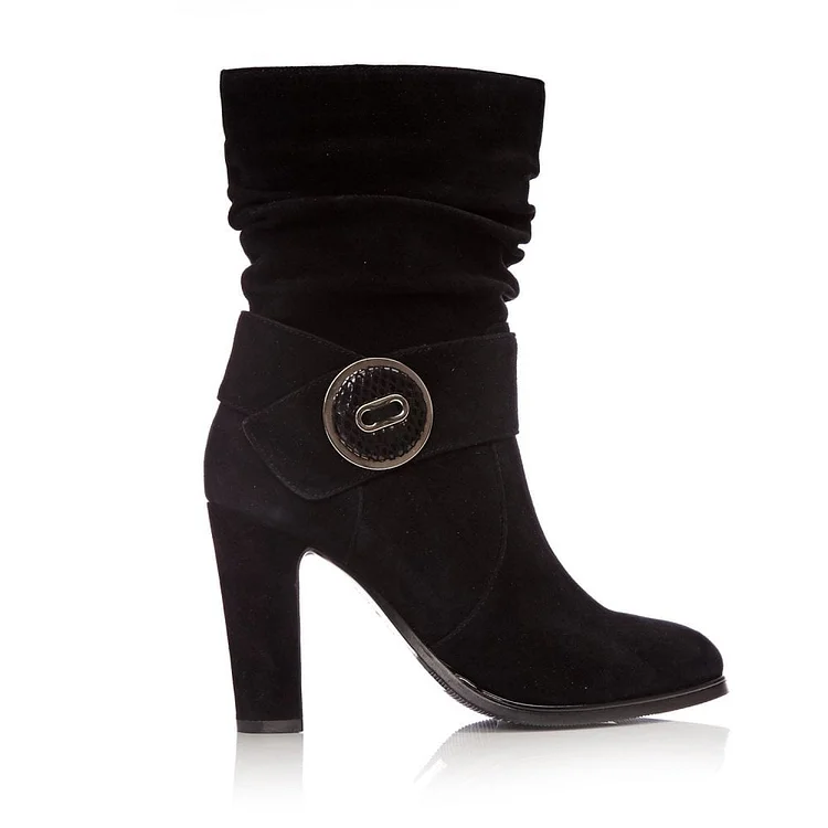 Black Suede Slouch Ankle Booties with Button Detail and Chunky Heels Vdcoo