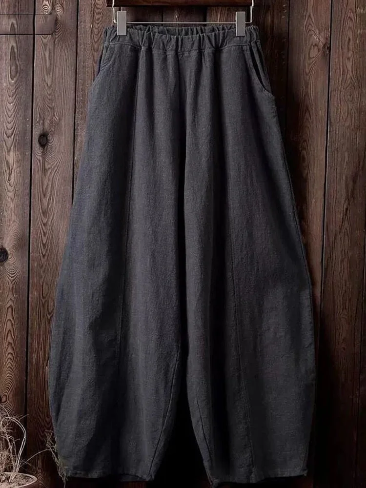 Back to school  Vintage Harajuku Cotton Linen Bloomers Wide Leg Pants Elegant Solid Loose Trouser Casual Streetwear Elasitic Waist Oversize Pant