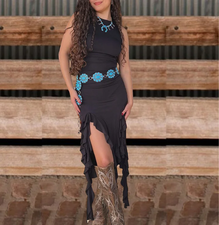 Black Sleeveless Ruffled Slit Dress