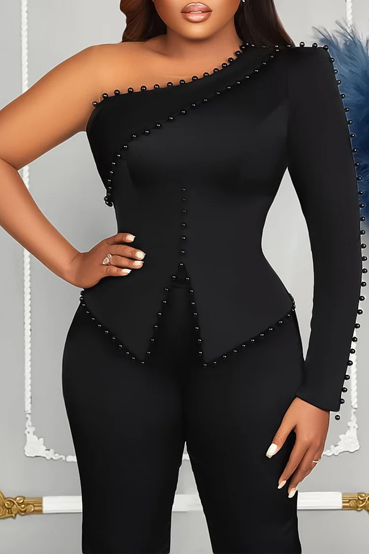Beads Single Long Sleeve A-Line Top Straight Leg Pants Matching Set-Black