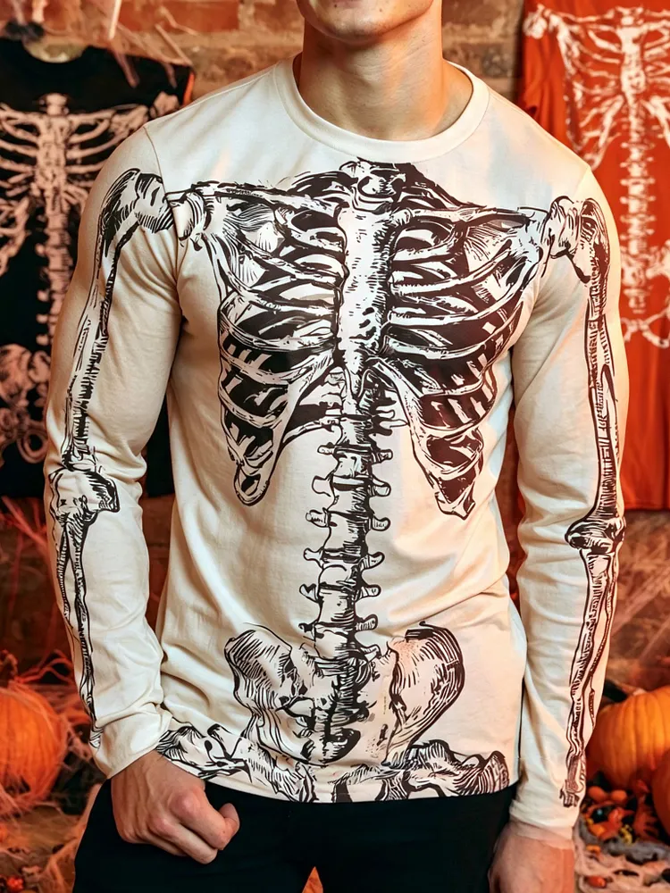 Men's Retro Halloween-themed Human Skeleton Print Top