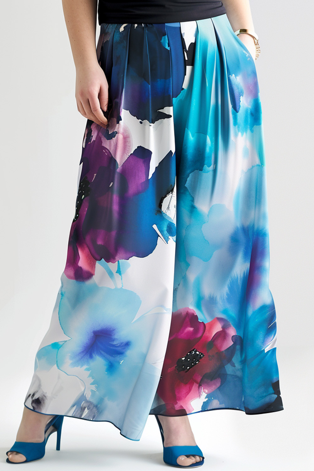 Flycurvy Plus Size Daily Casual Blue Floral Print Pleated Pants 2024 - Flycurvy 