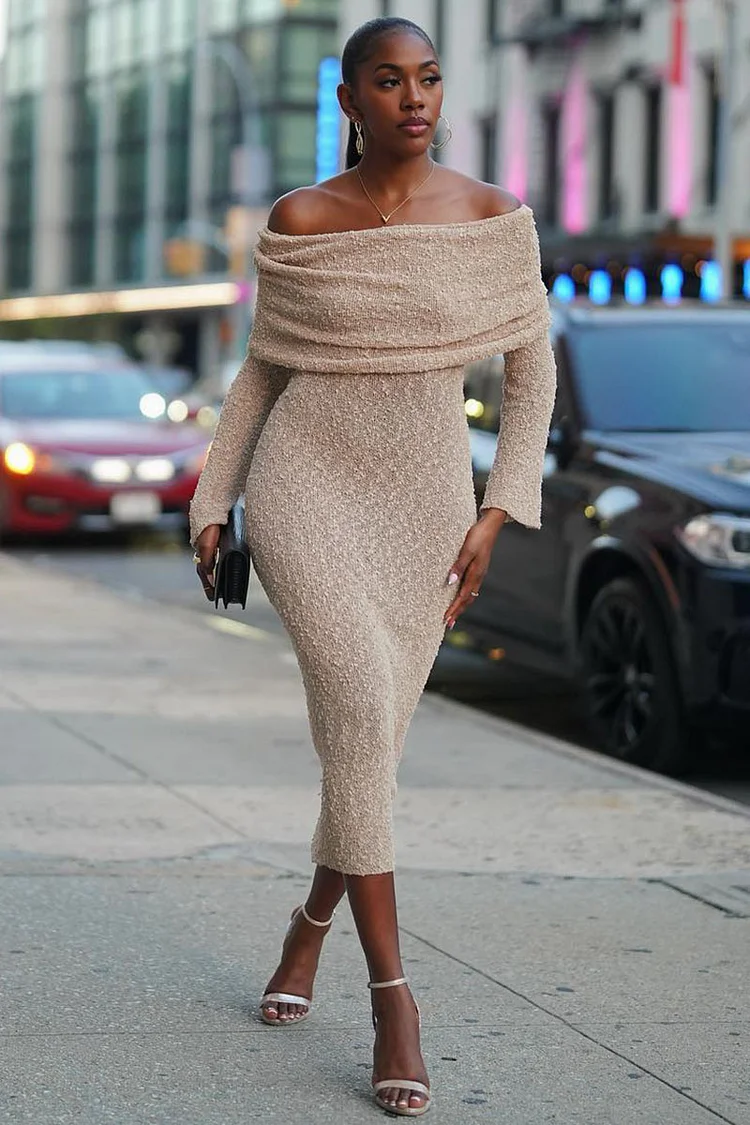 Textured Off Shoulder Long Sleeve Bodycon Midi Dresses-Beige [Pre Order]