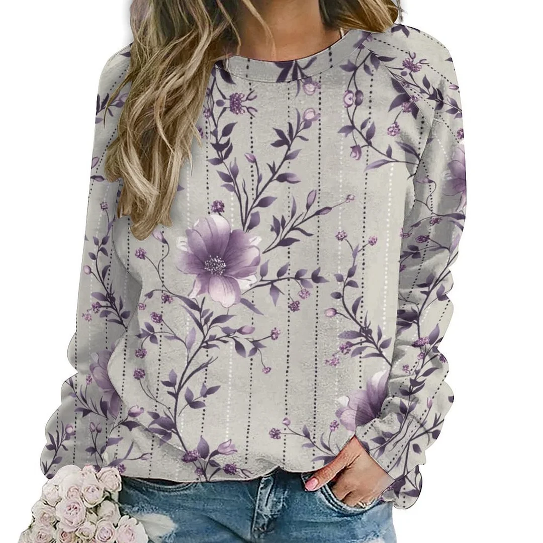 Style & Comfort for Mature Women Printed Long Sleeve Casual Sweatshirt for  Women and Men Unisex Pattern Floral, Purple, Polka Dot