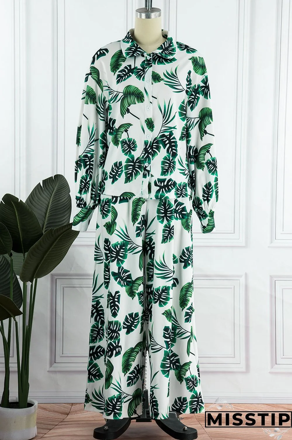 Green Casual Print Patchwork Turndown Collar Long Sleeve Two Pieces