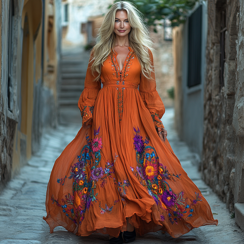 Ethnic Embroidery Vintage Casual Linen Dress 9bd7