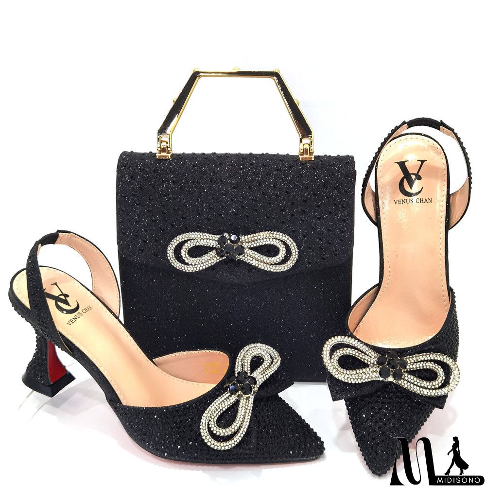 MidiSono - Women Fashion Pointed Toe Rhinestone High Heel Sandals With Evening Bag Set