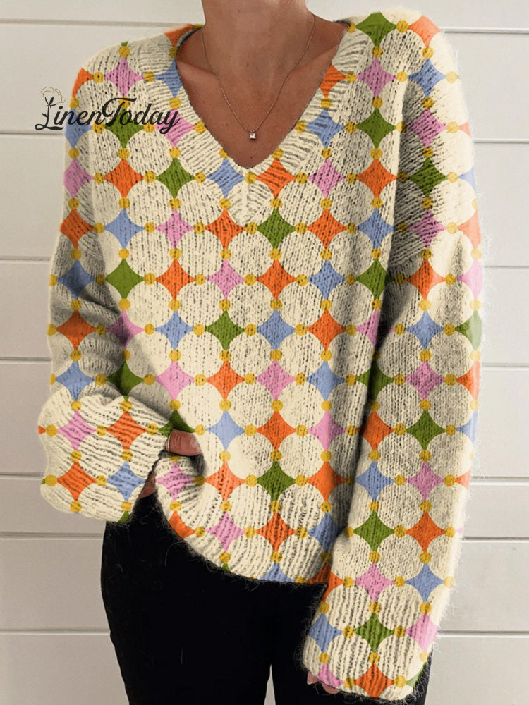 Geometric Circle Repeat Pattern Printed Women&rsquo;s Casual V-Neck Pullover Knit Multicolor / M