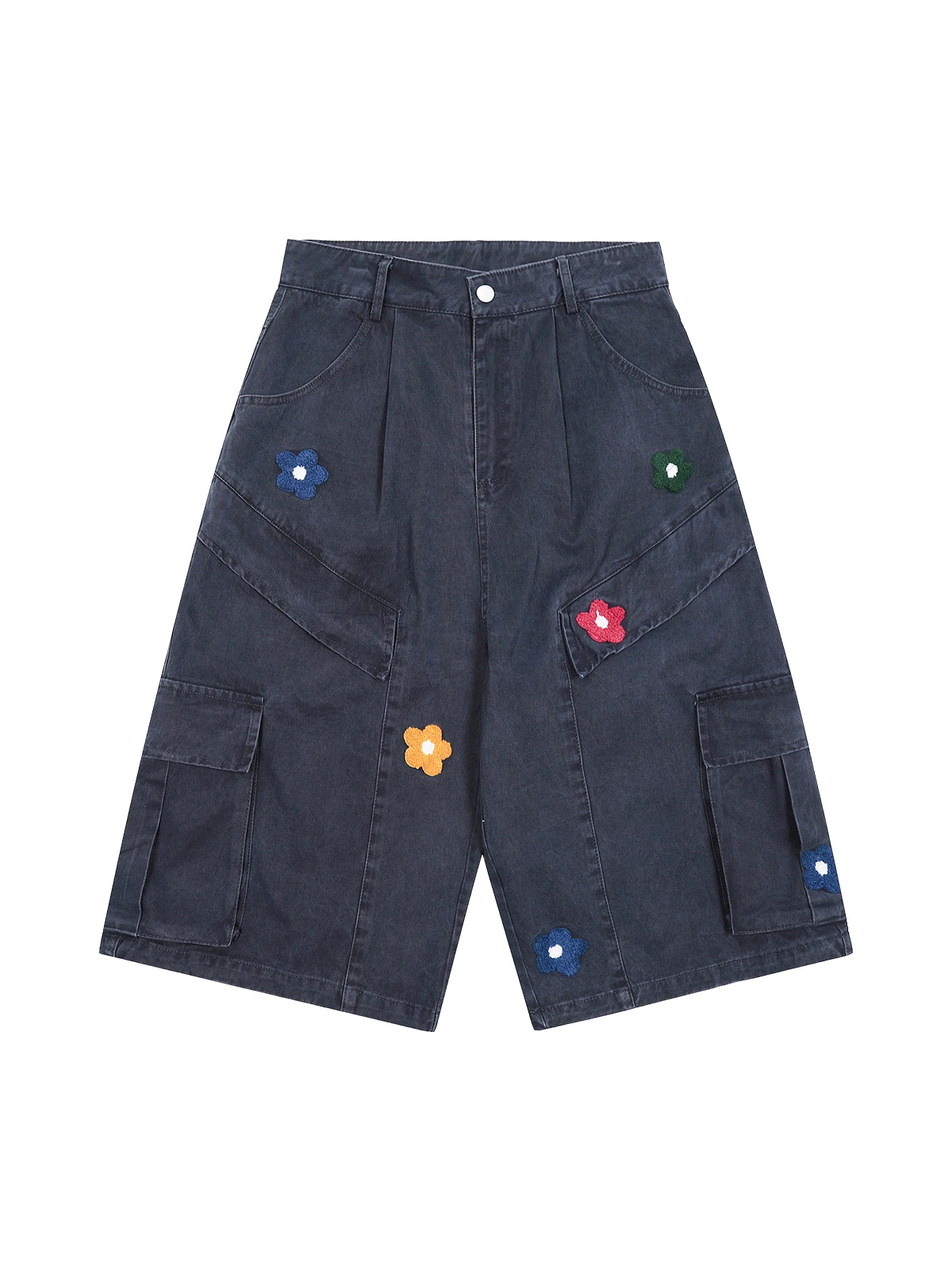 Dark Blue Act Chic Crochet Flower Longline Cargo Shorts Front