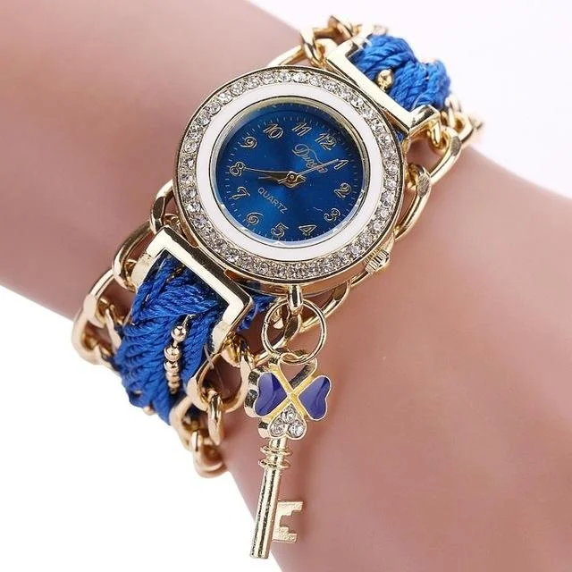 Women Round Dial Diamond Braided Hand Strap Quartz Watch with Key Pendant