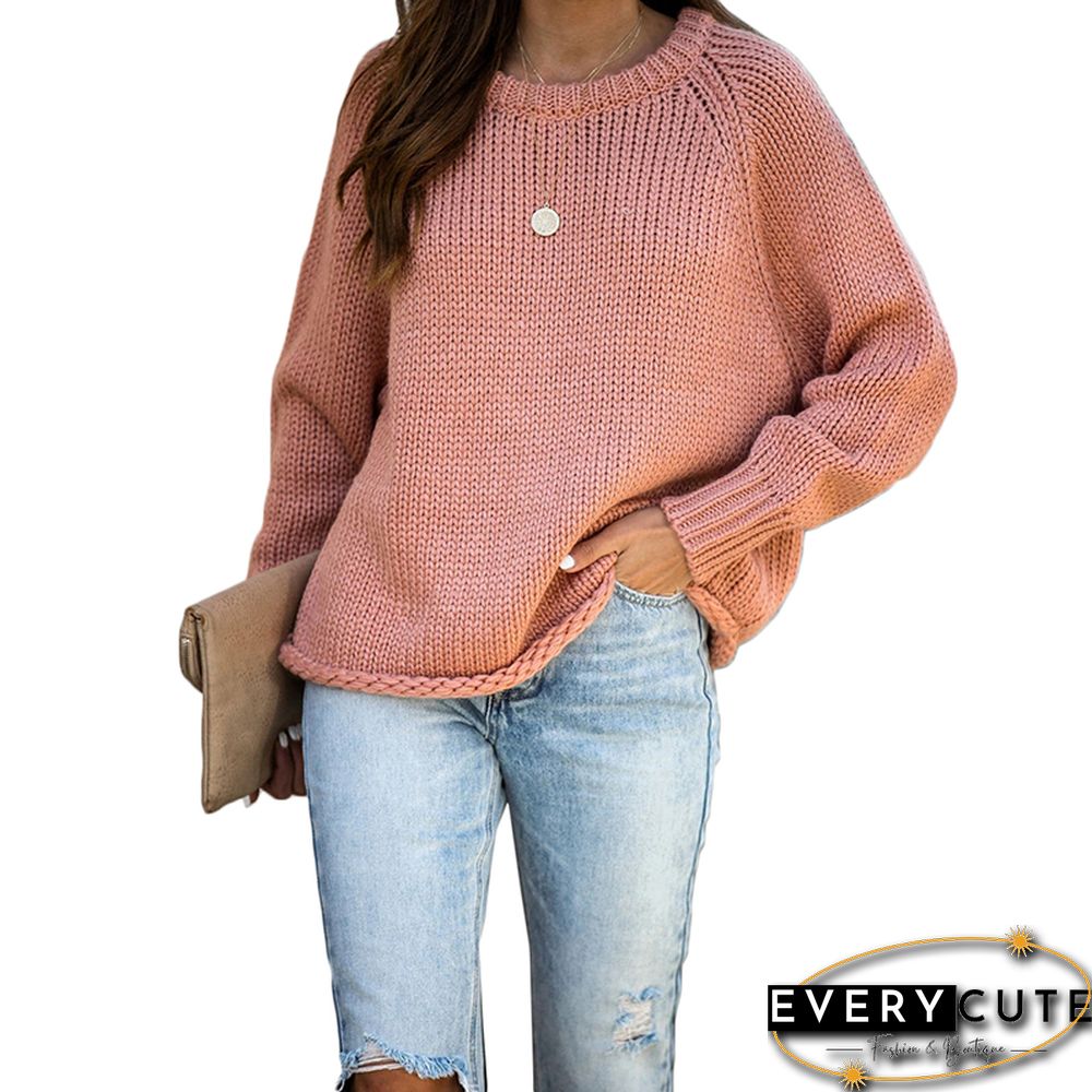 Pink Solid Long Sleeve Thick Wool Sweater