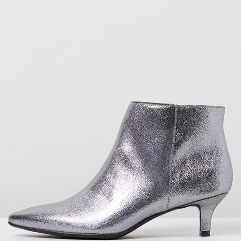 TAAFO Silver Kitten Heels Ankle Boots Woman Pointed Toe Zipper Ladies Med Thin Heeled Booties Shoes 38 