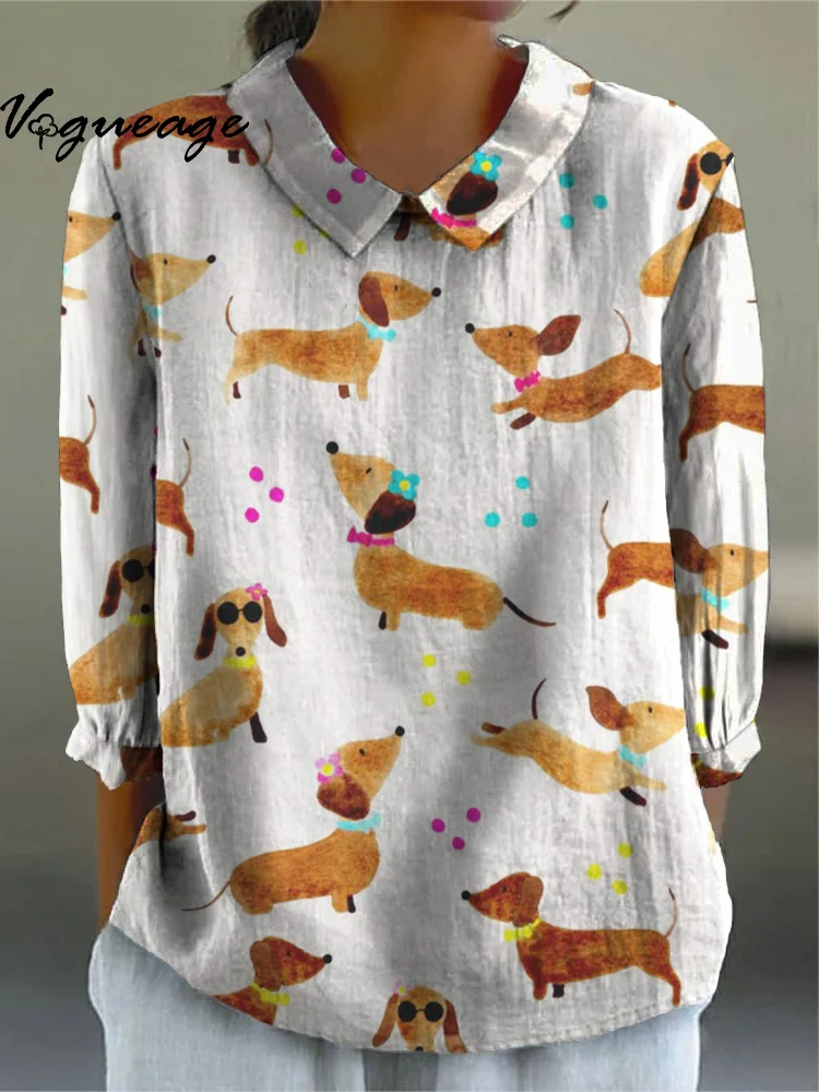 Simple And Stylish Painted Puppy Printed Cotton And Linen Shirt