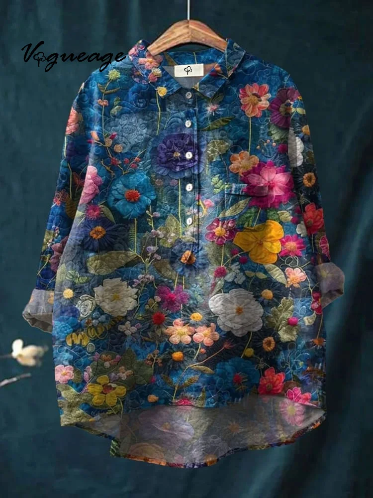 Women's Vintage Flower Print Casual Cotton And Linen Shirt