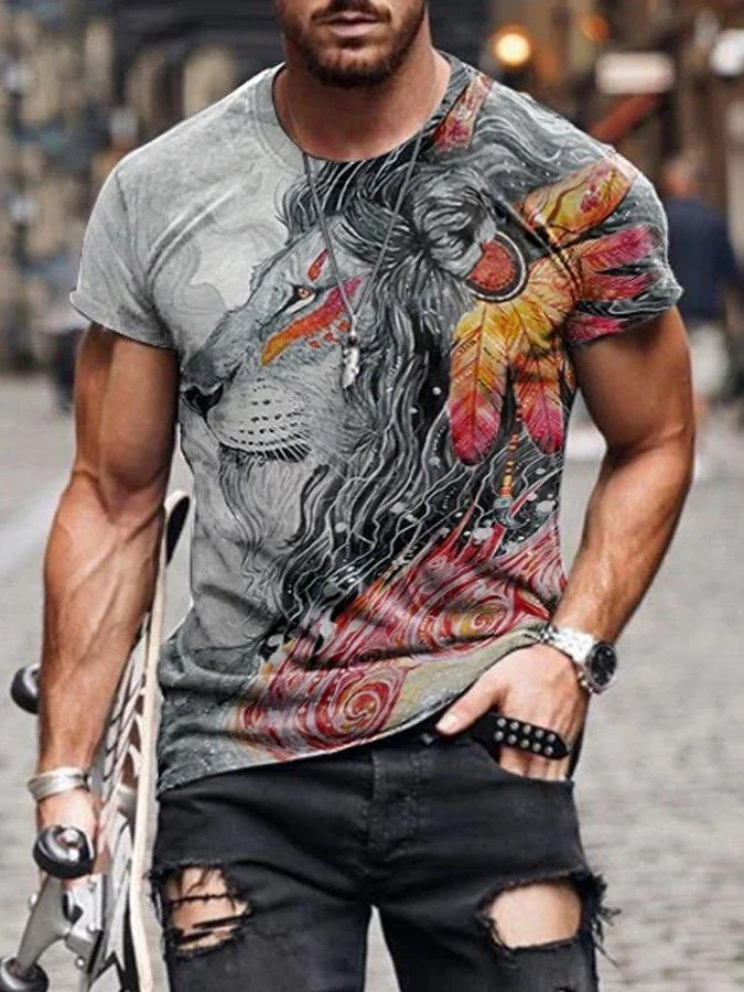 Men's Ethnic Style Ferocious Lion Print Casual T-shirt