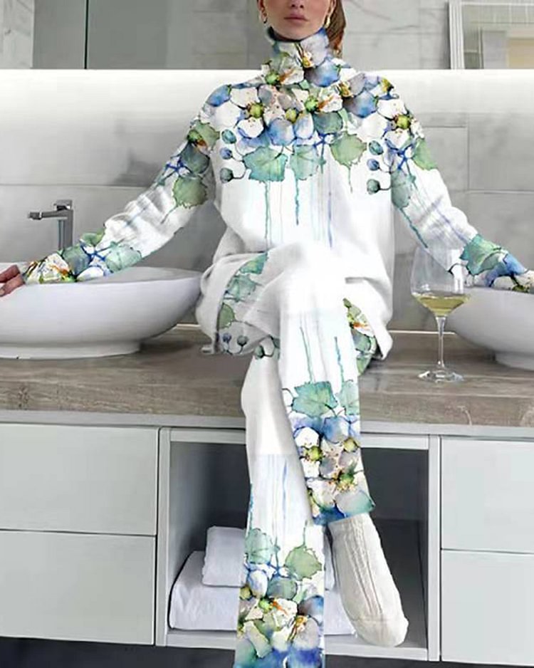 High-neck Long-sleeved Top Pants Ink Printing Two-piece Suit