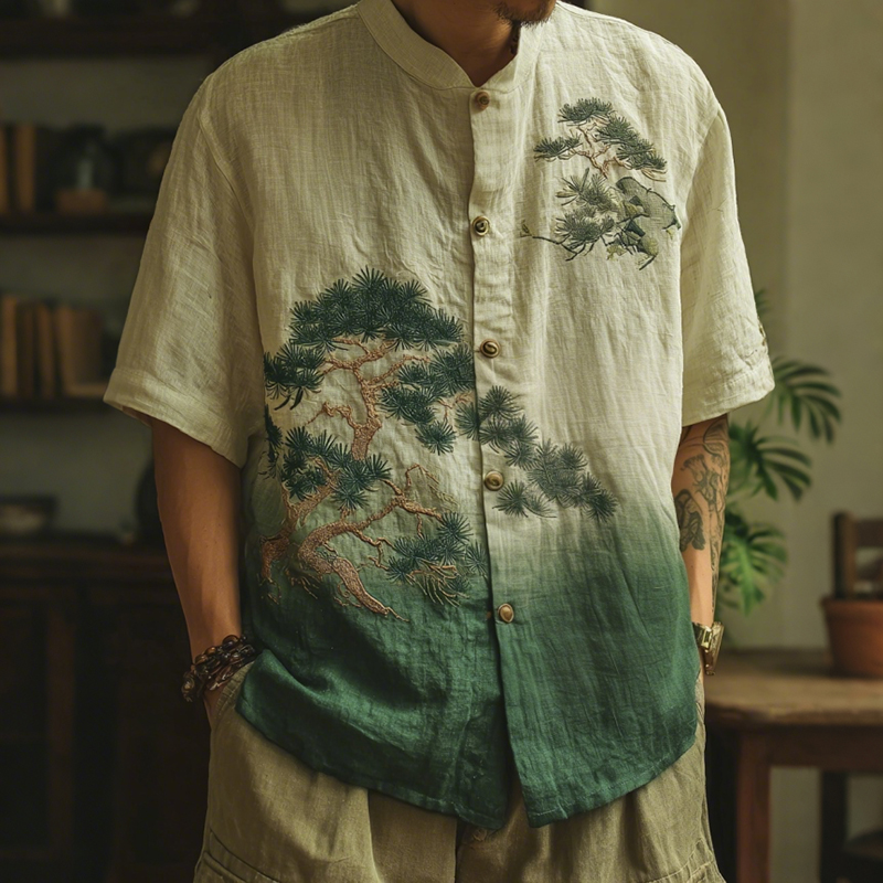 Men's Retro Pine Trees Art Print Button Casaul Shirt  artssus