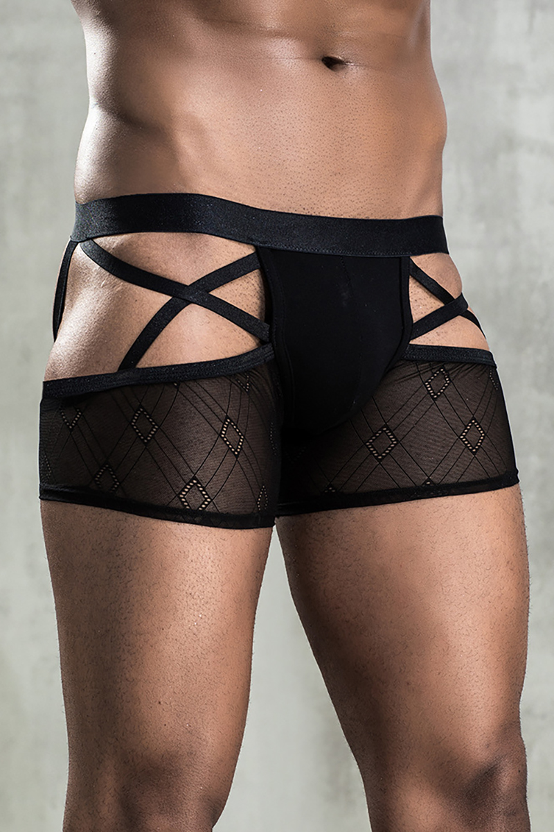 Men's Strappy Cut Out Mesh Patchwork Black Trunks Underwear