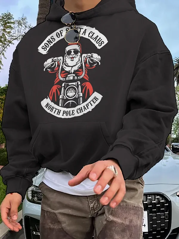 Men's Motorcycle Santa Claus Print Pocket Hooded Sweatshirt