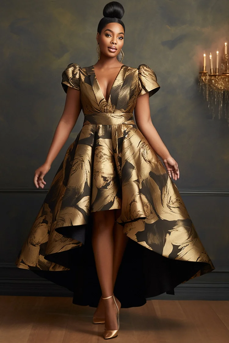 Xpluswear Design Plus Size Cocktail Party Gold All Over Print V Neck Puff Sleeve High Low Hem Elegant Satin Midi Dresses [Pre-Order]