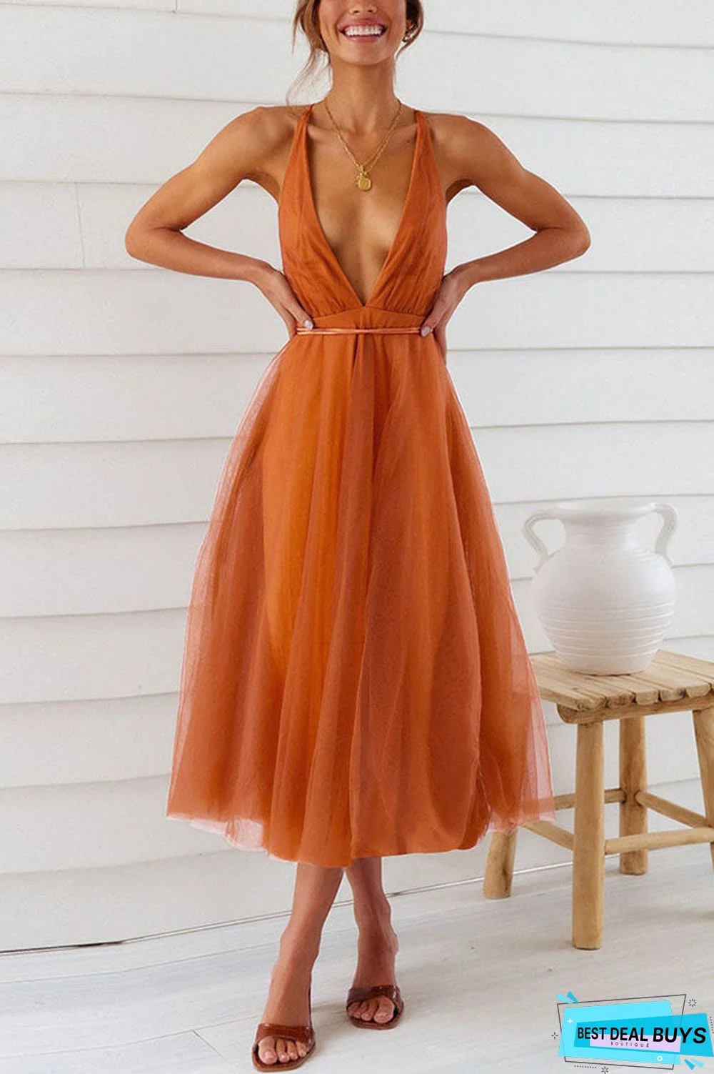 Feeling Romantic V Neck Tulle Midi Dress