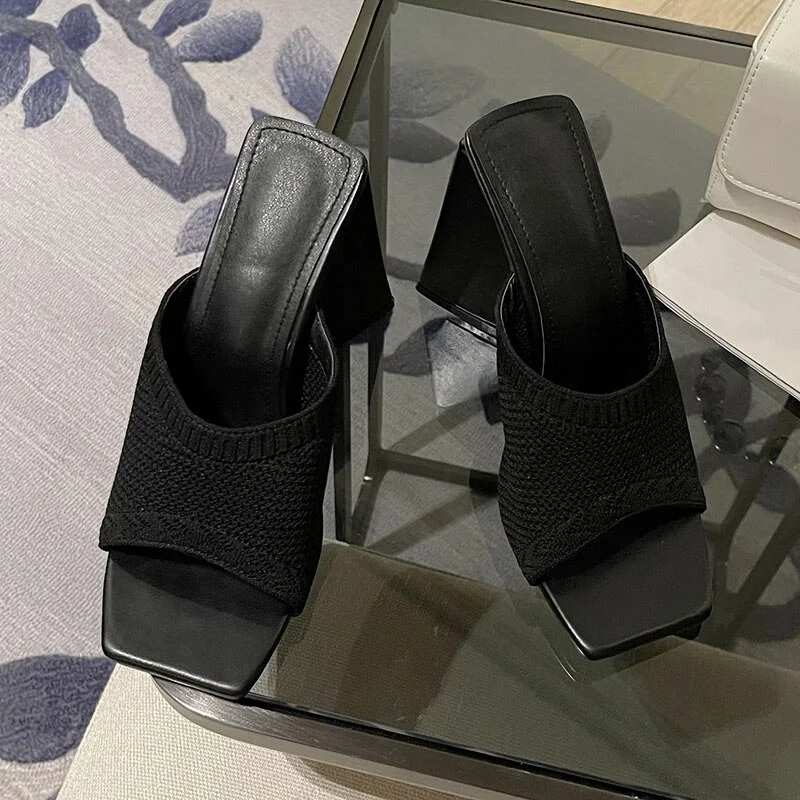 Qengg New Summer Triangle Thick Heel Slippers Women Sexy Square Toe Dress Party Shoes High Heels Knitting Pumps Size 35-41