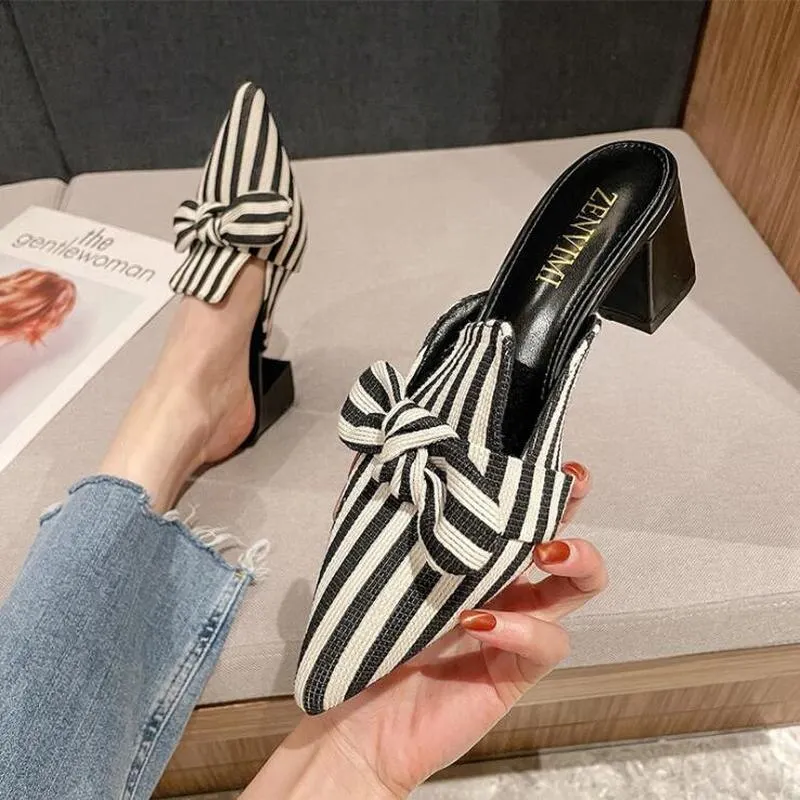 2021 Summer Women's Slippers Chic Women's Shoes Korean Silk Satin Pointed Bow Tie Slippers Baotou Flat Heel Sets Semi Slippers
