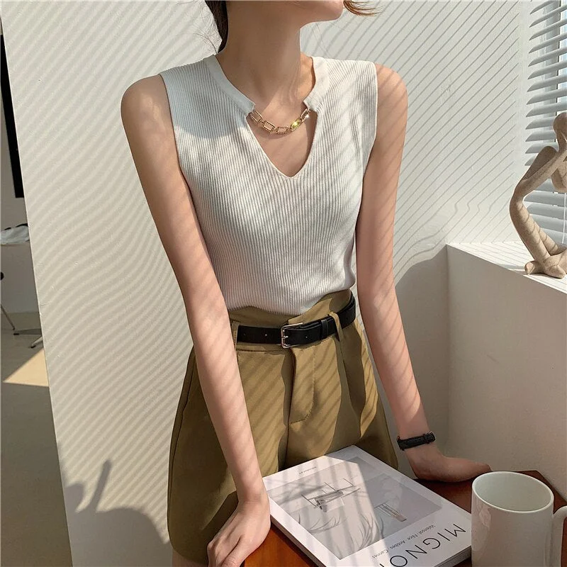 Women Summer V-Neck Knit Slim Tank Top Female Solid Casual Sleeveless Camisole Crop Top Streetwear