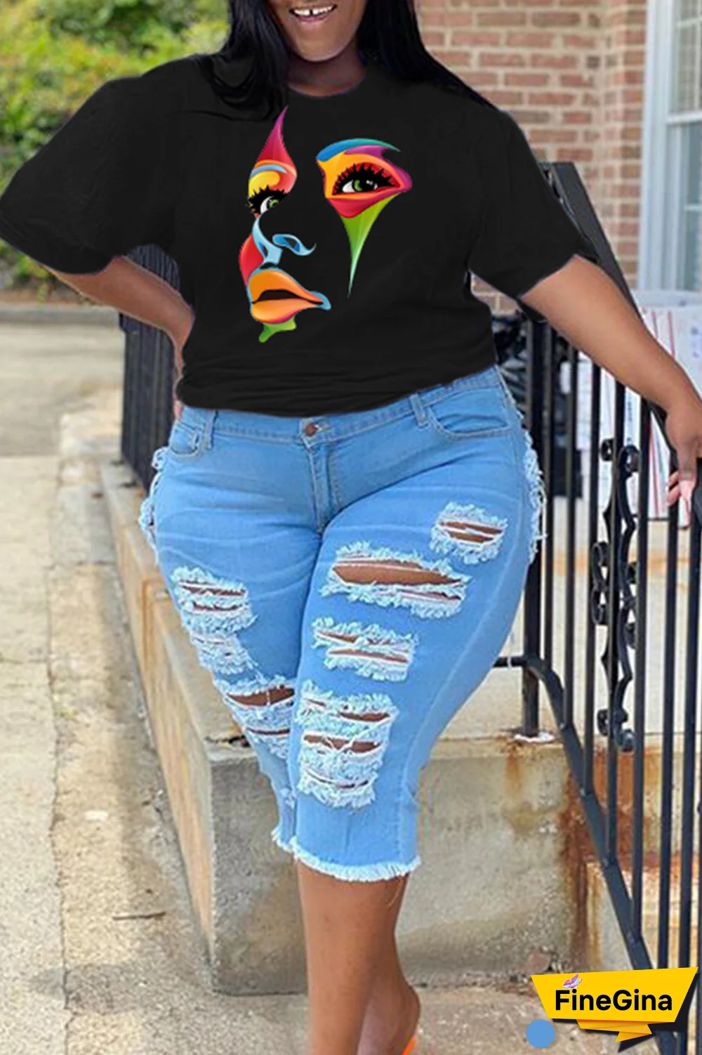 Black Street Print Patchwork O Neck Plus Size Tops