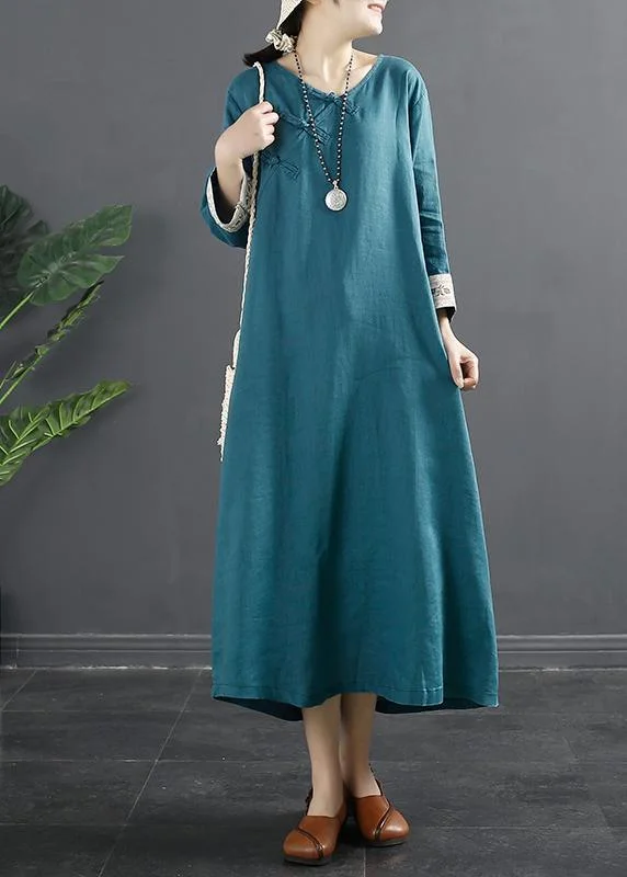 Loose Pockets Spring Tunics Runway Blue Cotton Dresses